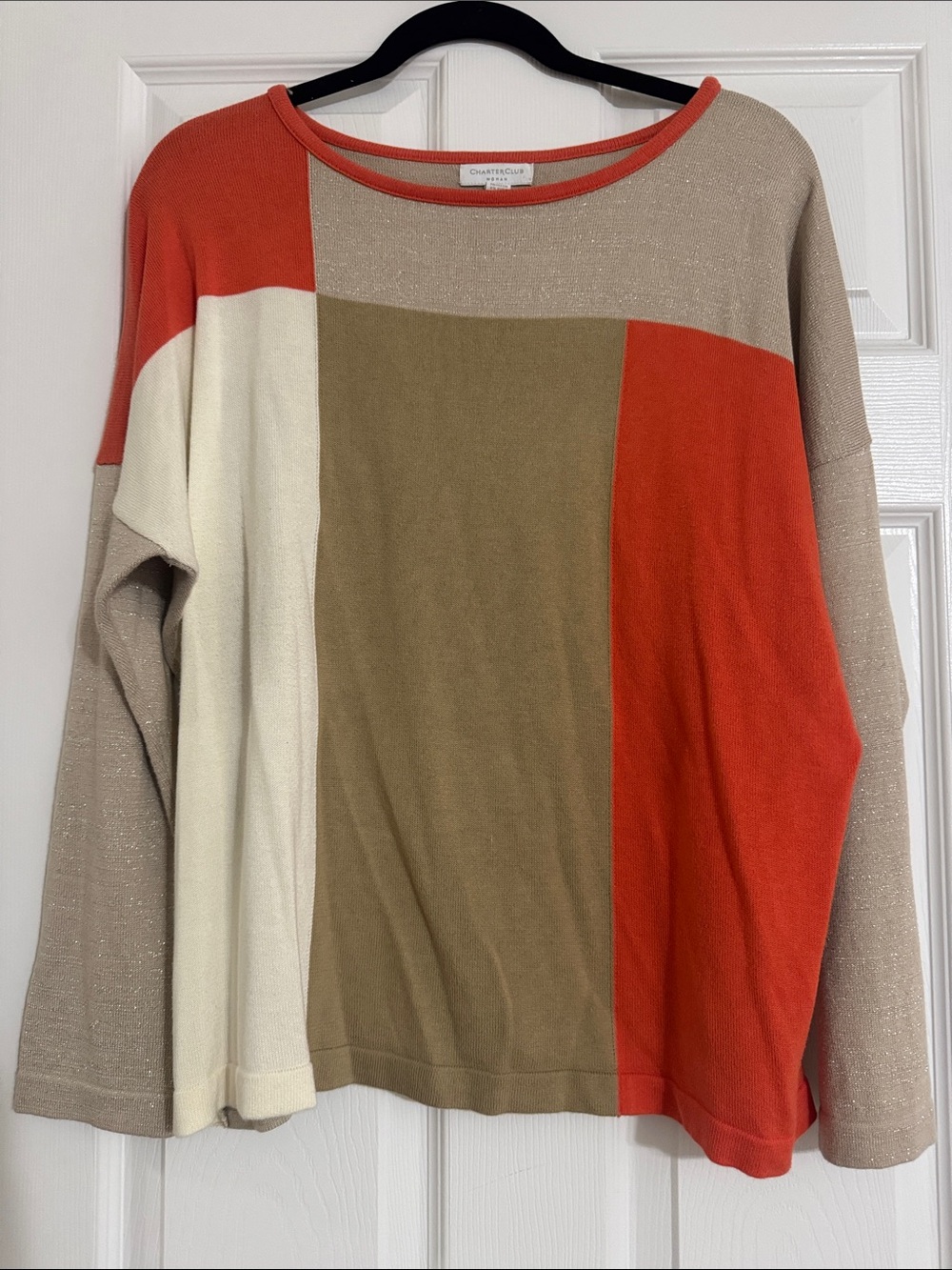 Charter Club Colorblock Crewneck Sweater in Red, Cream & Tan